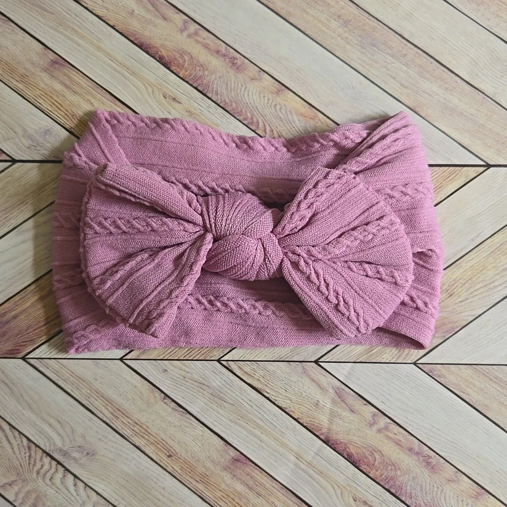 Boho Bowknot Headband Cable Knit Baby Girl Nylon Mauve Kids Handmade Hair Band